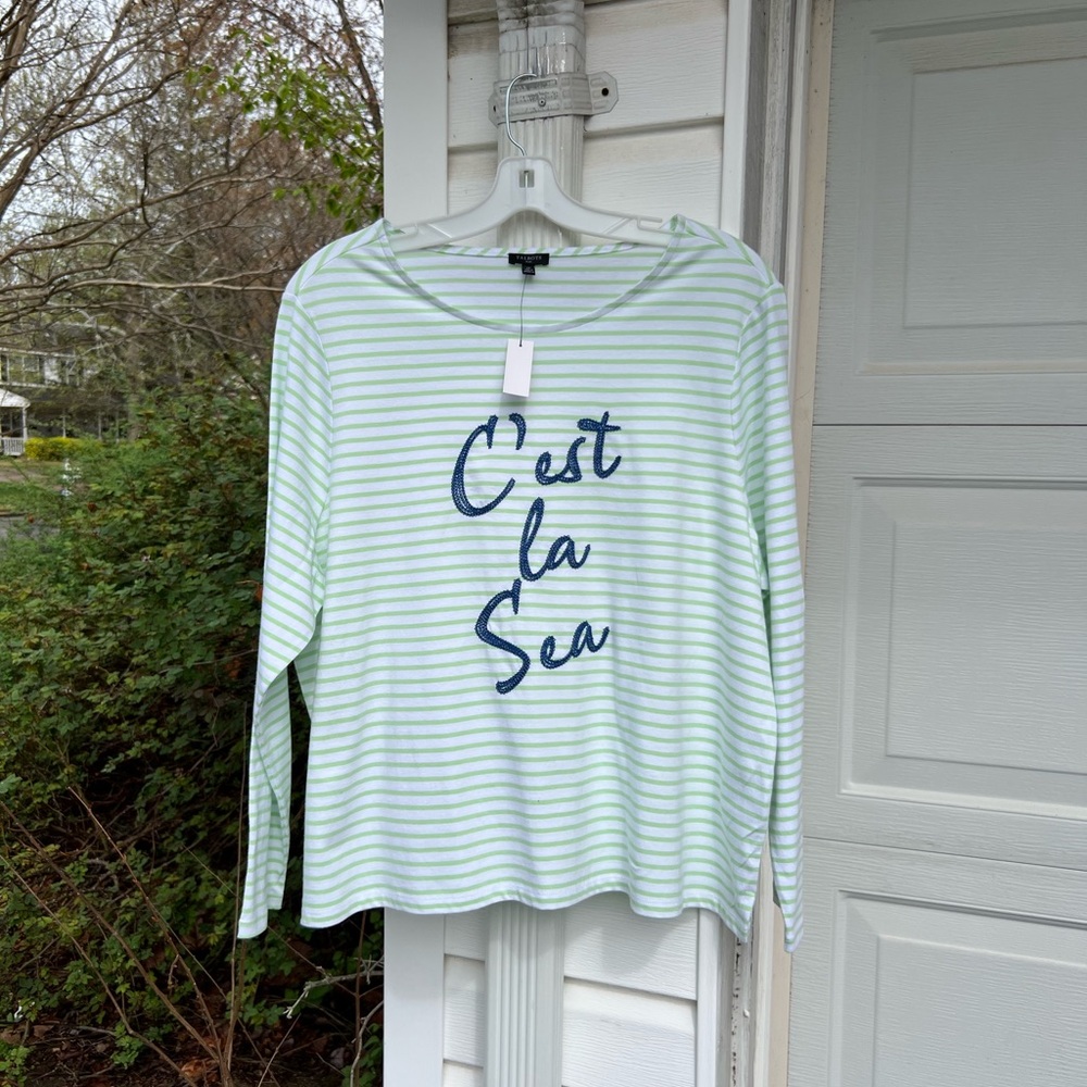 NWT Talbots Fun Lime White Stripe “C’est La Sea” Cotton Long Sleeve Top